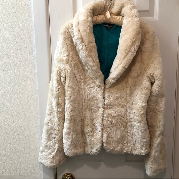 Wet Seal Vtg Cream Faux Fur Jacket Shawl Collar Sz L - Picture 5 of 9